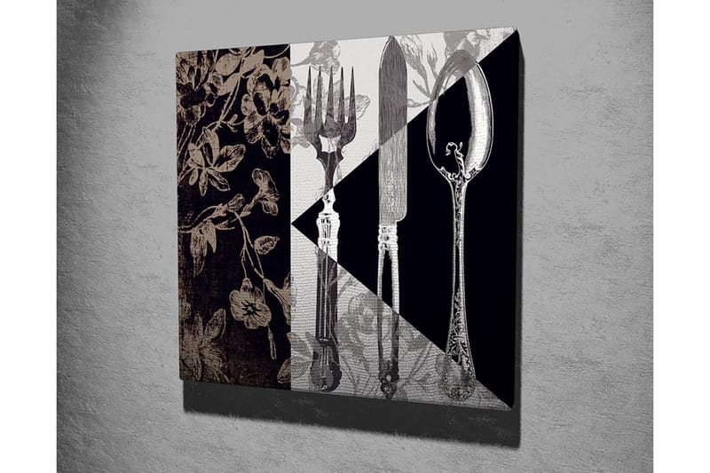 Lerretsbilde 45x45 cm - Stilisert komposisjon av bestikk og blomster - Svart / Grå / Beige - Innredning - Bilder & kunst - Lerretsbilder