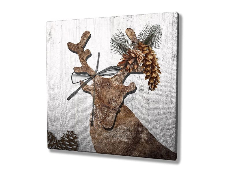 Lerretsbilde 45x45 cm - Stilisert reinsdyr med kongler og grøntområder som dekorasjon - Brun / Beige / Grønn - Innredning - Bilder & kunst - Lerretsbilder