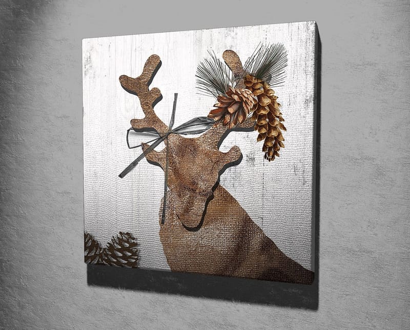 Lerretsbilde 45x45 cm - Stilisert reinsdyr med kongler og grøntområder som dekorasjon - Brun / Beige / Grønn - Innredning - Bilder & kunst - Lerretsbilder
