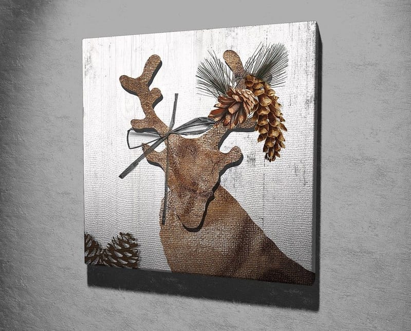 Lerretsbilde 45x45 cm - Stilisert reinsdyr med kongler og grøntområder som dekorasjon - Brun / Beige / Grønn - Innredning - Bilder & kunst - Lerretsbilder