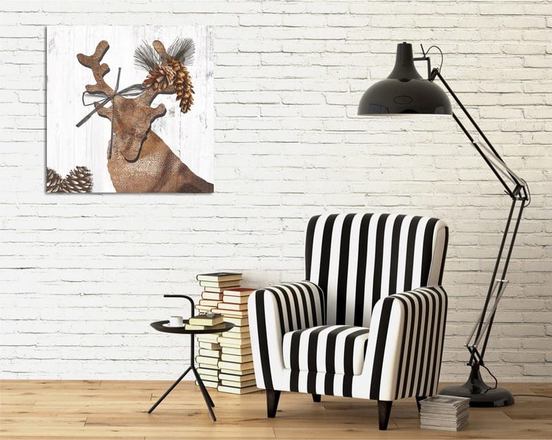 Lerretsbilde 45x45 cm - Stilisert reinsdyr med kongler og grøntområder som dekorasjon - Brun / Beige / Grønn - Innredning - Bilder & kunst - Lerretsbilder