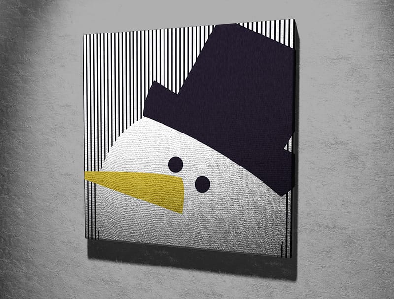 Lerretsbilde 45x45 cm - Stilisert snømann med hatt og gult nebb - Svart / Hvit / Gul - Innredning - Bilder & kunst - Lerretsbilder