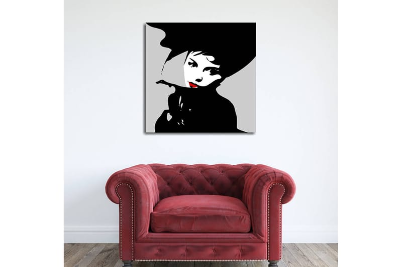 Lerretsbilde 45x45 cm - Stilisert portrett av en kvinne med hatt og rød leppestift, Svart / Hvit / Grå