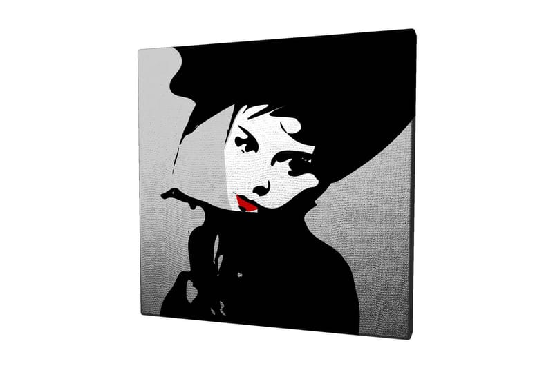 Lerretsbilde 45x45 cm - Stilisert portrett av en kvinne med hatt og rød leppestift - Svart / Hvit / Grå - Innredning - Bilder & kunst - Lerretsbilder