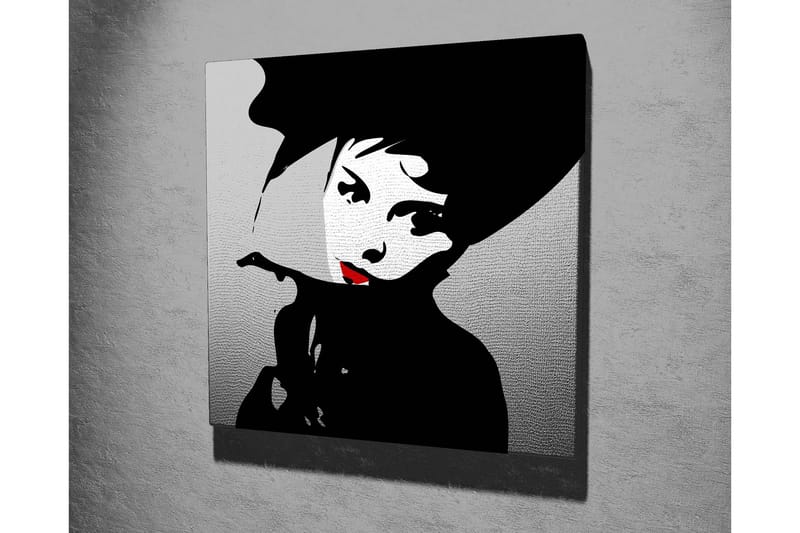 Lerretsbilde 45x45 cm - Stilisert portrett av en kvinne med hatt og rød leppestift - Svart / Hvit / Grå - Innredning - Bilder & kunst - Lerretsbilder