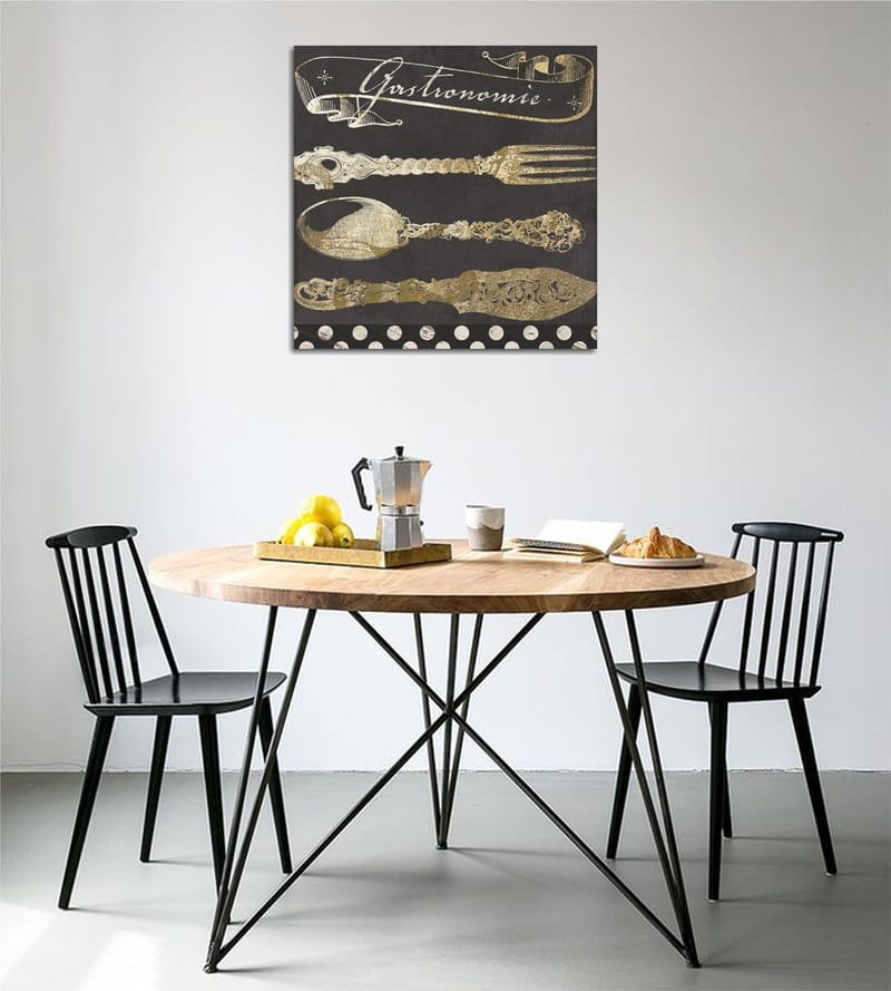 Lerretsbilde 45x45 cm - Stiliserte kjøkkenredskaper i gull mot mørk bakgrunn, Gull / Svart