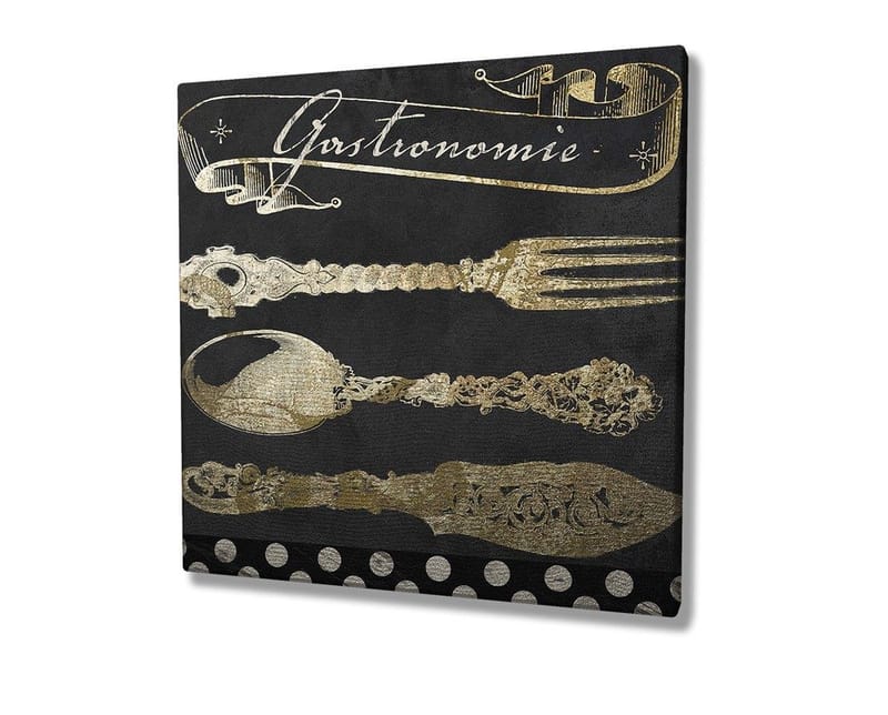 Lerretsbilde 45x45 cm - Stiliserte kjøkkenredskaper i gull mot mørk bakgrunn - Gull / Svart - Innredning - Bilder & kunst - Lerretsbilder