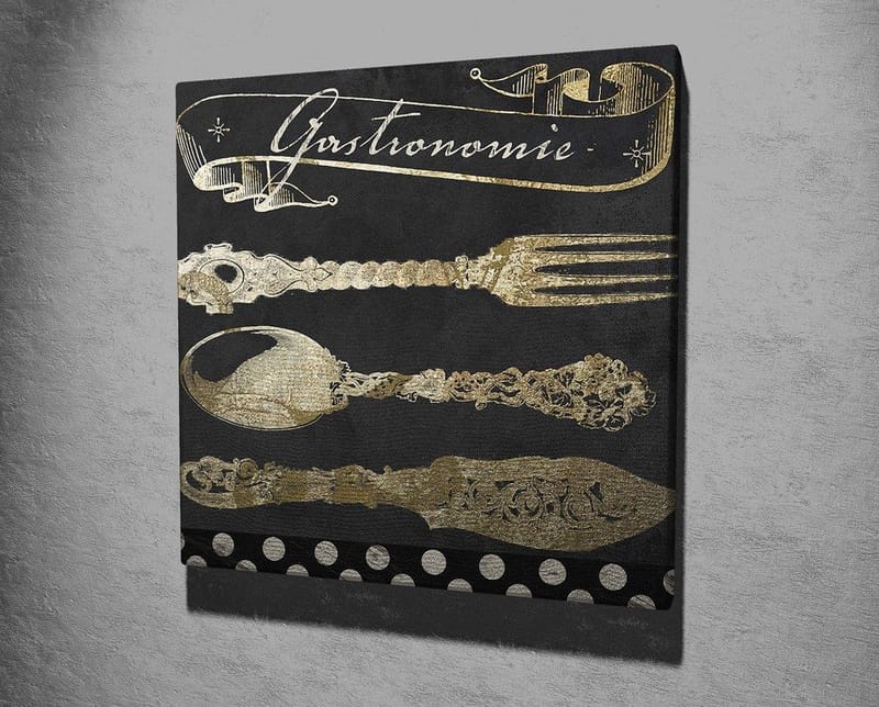 Lerretsbilde 45x45 cm - Stiliserte kjøkkenredskaper i gull mot mørk bakgrunn - Gull / Svart - Innredning - Bilder & kunst - Lerretsbilder