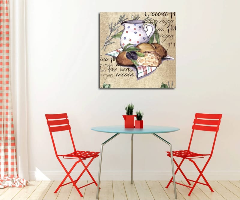 Lerretsbilde 45x45 cm - Stillhet med en mugge, brød og oliven på lerret, Beige / Grønn / Brun