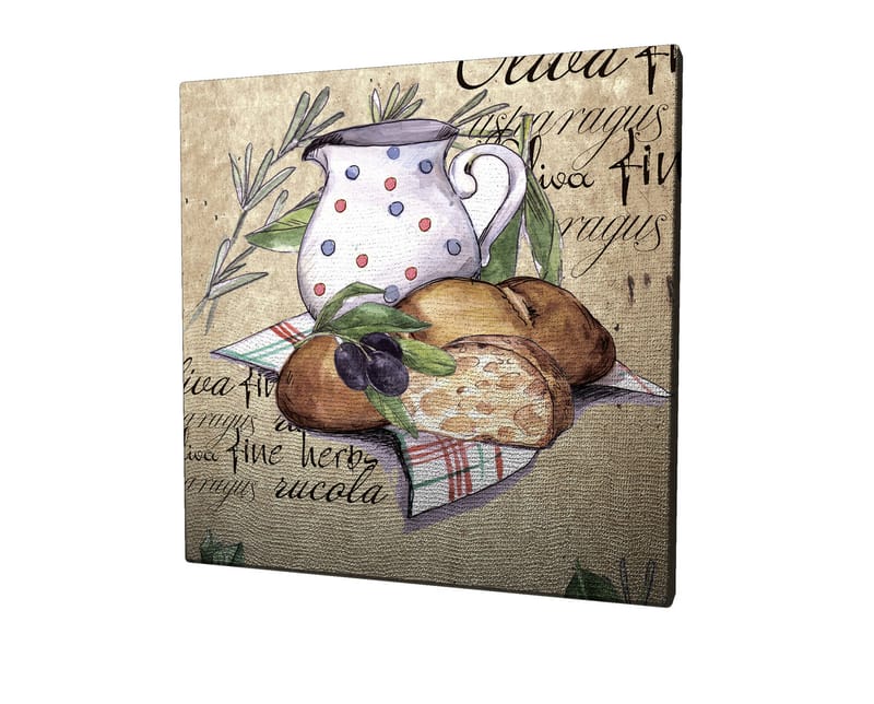Lerretsbilde 45x45 cm - Stillhet med en mugge, brød og oliven på lerret - Beige / Grønn / Brun - Innredning - Bilder & kunst - Lerretsbilder