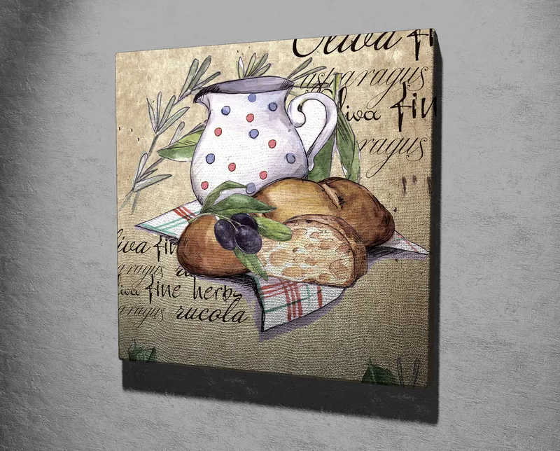 Lerretsbilde 45x45 cm - Stillhet med en mugge, brød og oliven på lerret - Beige / Grønn / Brun - Innredning - Bilder & kunst - Lerretsbilder