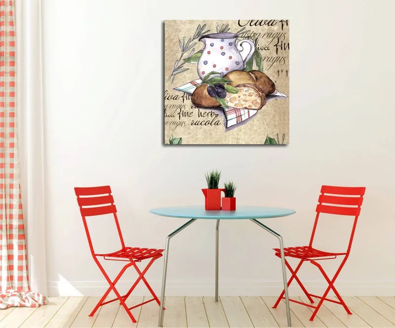 Lerretsbilde 45x45 cm - Stillhet med en mugge, brød og oliven på lerret, Beige / Grønn / Brun