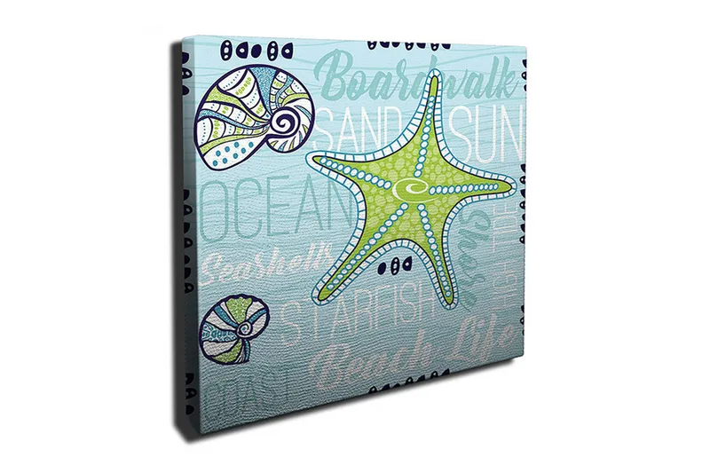 Lerretsbilde 45x45 cm - Stjerne i havet med skjell og teksturerte bakgrunner - Lyseblå / Grønn / Mørkeblå - Innredning - Bilder & kunst - Lerretsbilder