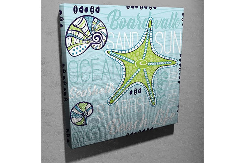 Lerretsbilde 45x45 cm - Stjerne i havet med skjell og teksturerte bakgrunner - Lyseblå / Grønn / Mørkeblå - Innredning - Bilder & kunst - Lerretsbilder
