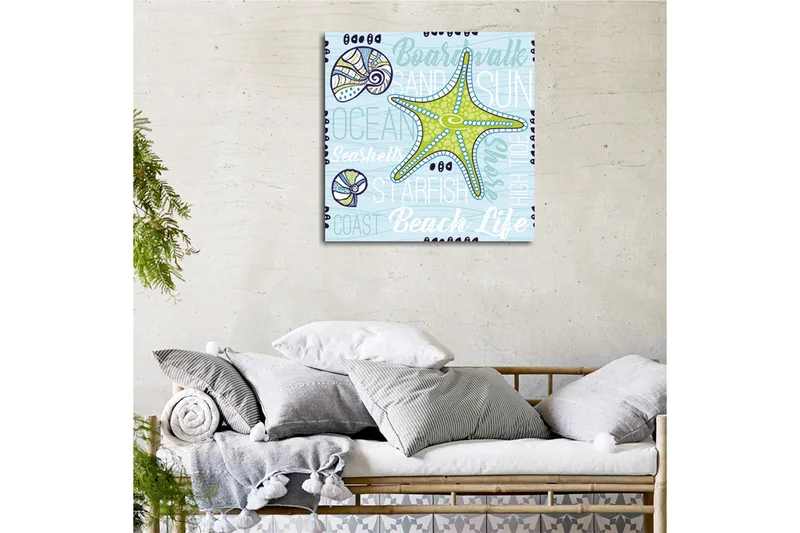 Lerretsbilde 45x45 cm - Stjerne i havet med skjell og teksturerte bakgrunner - Lyseblå / Grønn / Mørkeblå - Innredning - Bilder & kunst - Lerretsbilder