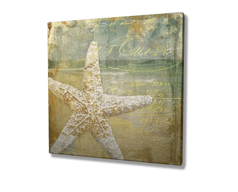 Lerretsbilde 45x45 cm - Stjerne i sand med vintageinspirert bakgrunn - Gull / Beige / Lys blå - Innredning - Bilder & kunst - Lerretsbilder