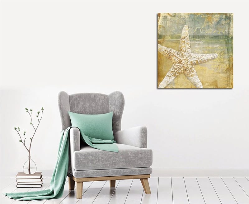 Lerretsbilde 45x45 cm - Stjerne i sand med vintageinspirert bakgrunn, Gull / Beige / Lys blå