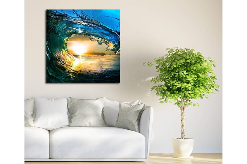 Lerretsbilde 45x45 cm - Storslått bølge som fanger solnedgangens lys - Blå / Grønn / Gyllen - Innredning - Bilder & kunst - Lerretsbilder