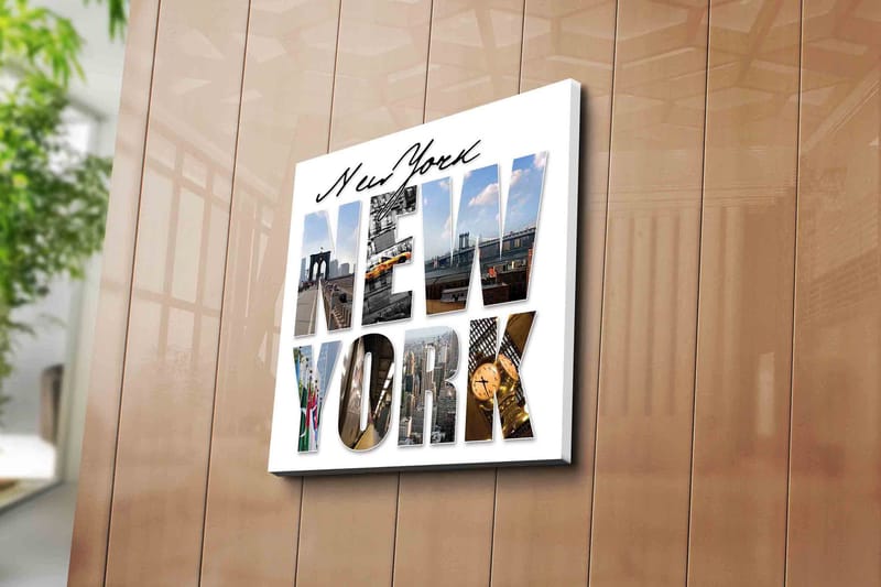 Lerretsbilde 45x45 cm - Storslått kollasj av New Yorks ikoniske landemerker - Gul / Blå / Grå - Innredning - Bilder & kunst - Lerretsbilder