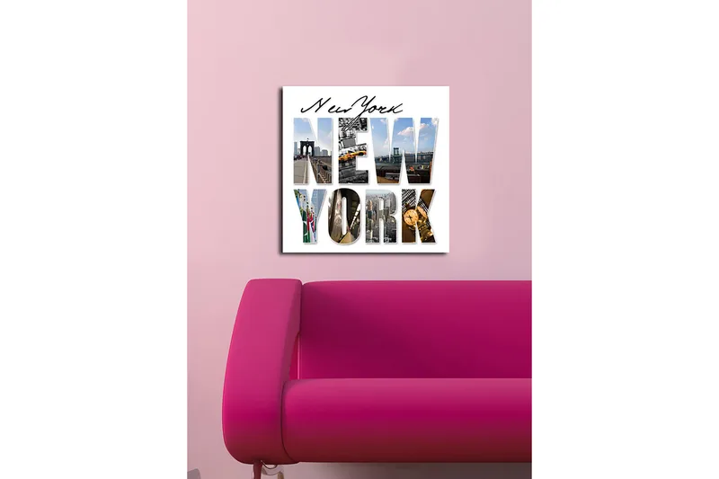 Lerretsbilde 45x45 cm - Storslått kollasj av New Yorks ikoniske landemerker - Gul / Blå / Grå - Innredning - Bilder & kunst - Lerretsbilder