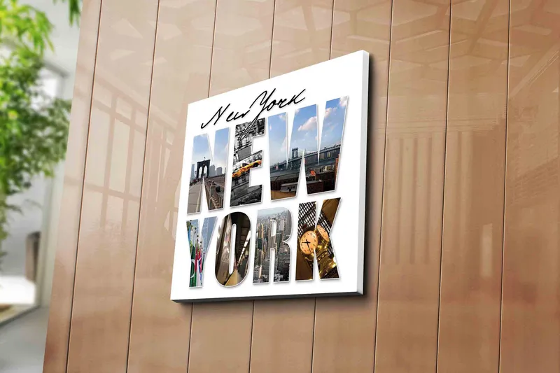 Lerretsbilde 45x45 cm - Storslått kollasj av New Yorks ikoniske landemerker - Gul / Blå / Grå - Innredning - Bilder & kunst - Lerretsbilder