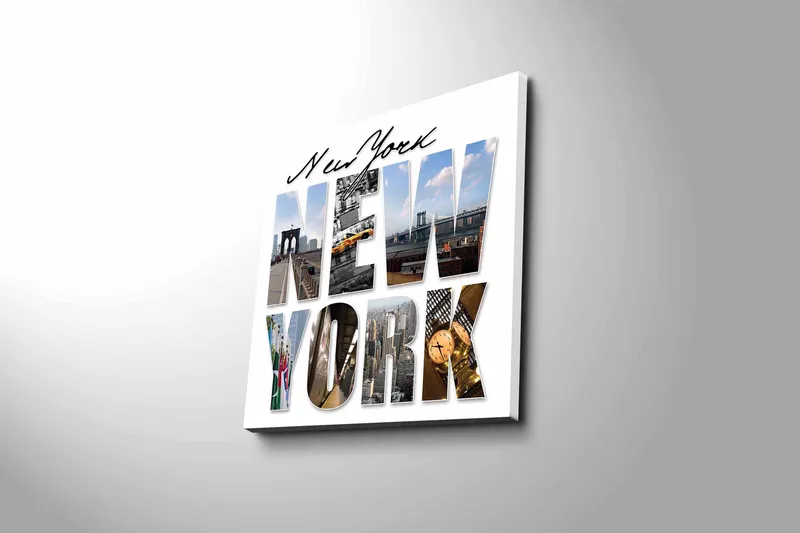 Lerretsbilde 45x45 cm - Storslått kollasj av New Yorks ikoniske landemerker - Gul / Blå / Grå - Innredning - Bilder & kunst - Lerretsbilder