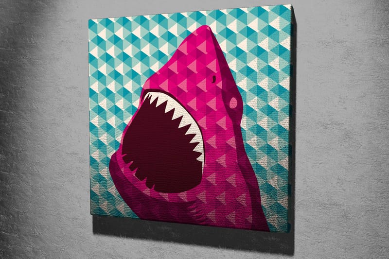 Lerretsbilde 45x45 cm - Stort, åpent haihode i fargerik stil - Rosa / Turkis / Hvit - Innredning - Bilder & kunst - Lerretsbilder