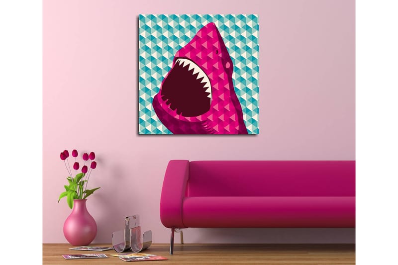 Lerretsbilde 45x45 cm - Stort, åpent haihode i fargerik stil - Rosa / Turkis / Hvit - Innredning - Bilder & kunst - Lerretsbilder