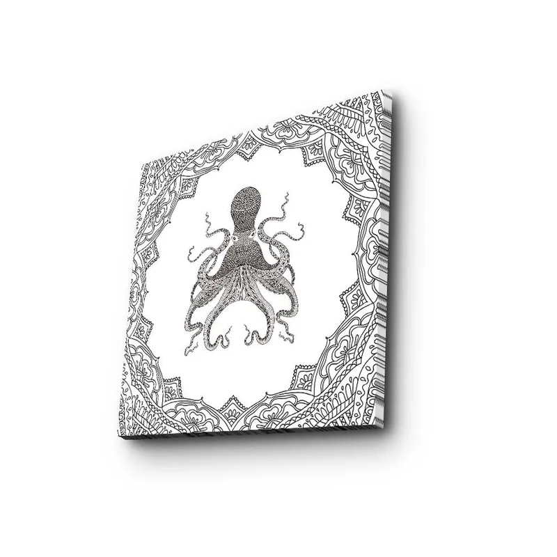Lerretsbilde 45x45 cm - Svart blekktegning av en blekksprut omgitt av en dekorativ ramme - Svart / Hvit - Innredning - Bilder & kunst - Lerretsbilder