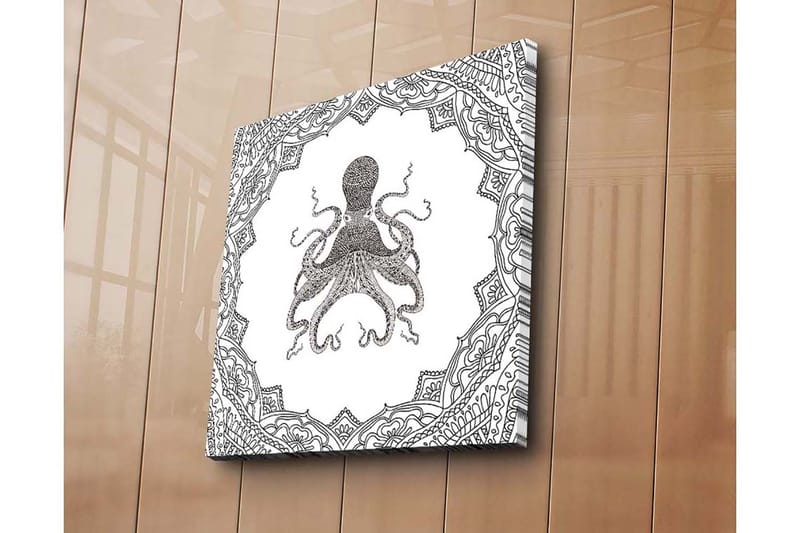 Lerretsbilde 45x45 cm - Svart blekktegning av en blekksprut omgitt av intrikate mønstre - Svart / Hvit - Innredning - Bilder & kunst - Lerretsbilder
