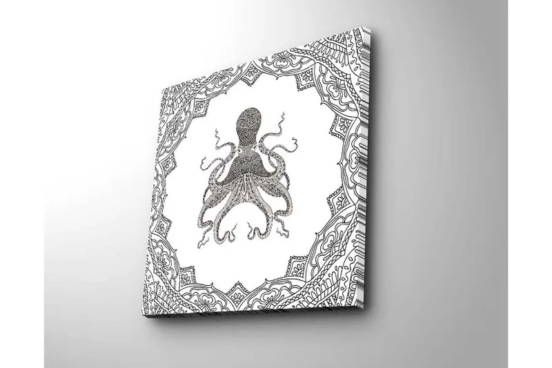 Lerretsbilde 45x45 cm - Svart blekktegning av en blekksprut omgitt av intrikate mønstre - Svart / Hvit - Innredning - Bilder & kunst - Lerretsbilder