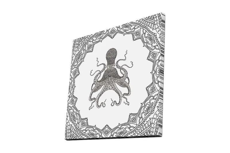 Lerretsbilde 45x45 cm - Svart blekktegning av en blekksprut omgitt av intrikate mønstre - Svart / Hvit - Innredning - Bilder & kunst - Lerretsbilder