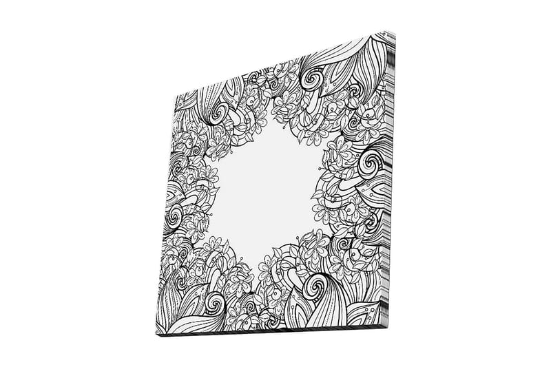 Lerretsbilde 45x45 cm - Svart-hvitt mønster av blomster og skriftruller, Svart / Hvit