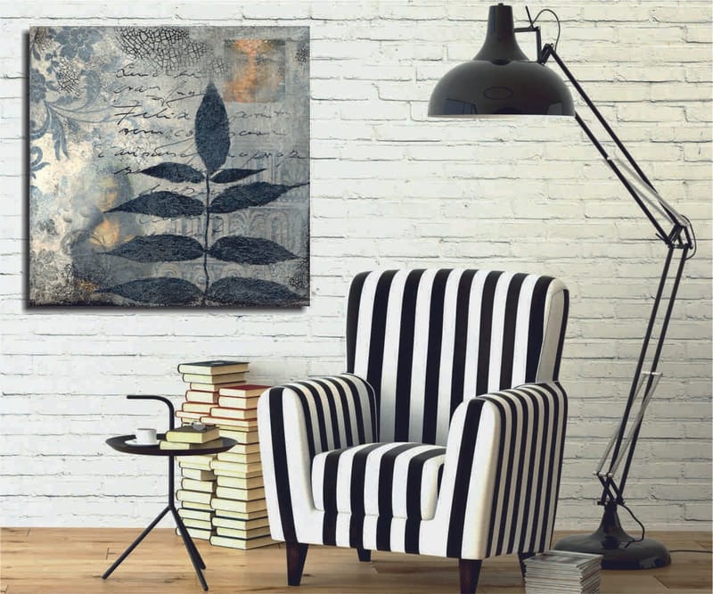 Lerretsbilde 45x45 cm - Svart løvverk mot en abstrakt bakgrunn, Svart / Grå / Beige
