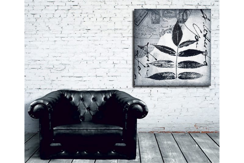 Lerretsbilde 45x45 cm - Svart silhuett av blader mot grå bakgrunn med håndskrevet tekst og poststempler - Svart / Grå - Innredning - Bilder & kunst - Lerretsbilder