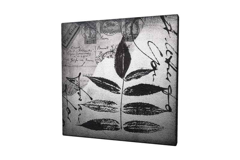 Lerretsbilde 45x45 cm - Svart silhuett av blader mot grå bakgrunn med håndskrevet tekst og poststempler, Svart / Grå