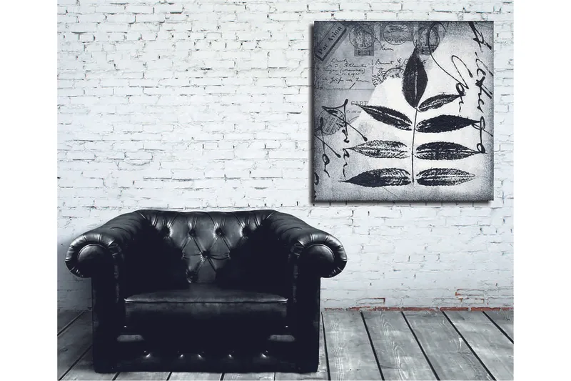 Lerretsbilde 45x45 cm - Svart silhuett av blader mot grå bakgrunn med håndskrevet tekst og poststempler - Svart / Grå - Innredning - Bilder & kunst - Lerretsbilder