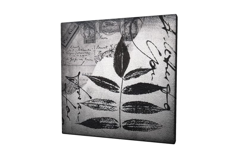 Lerretsbilde 45x45 cm - Svart silhuett av blader mot grå bakgrunn med håndskrevet tekst og poststempler, Svart / Grå