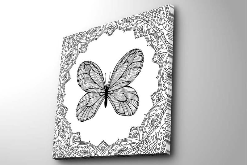 Lerretsbilde 45x45 cm - Svart sommerfugl med detaljert mønsterramme - Svart / Hvit - Innredning - Bilder & kunst - Lerretsbilder