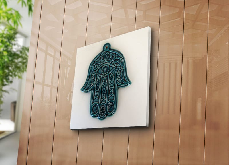 Lerretsbilde 45x45 cm - Symbolsk hånd med øye og intrikate mønstre - Turkis / Hvit - Innredning - Bilder & kunst - Lerretsbilder