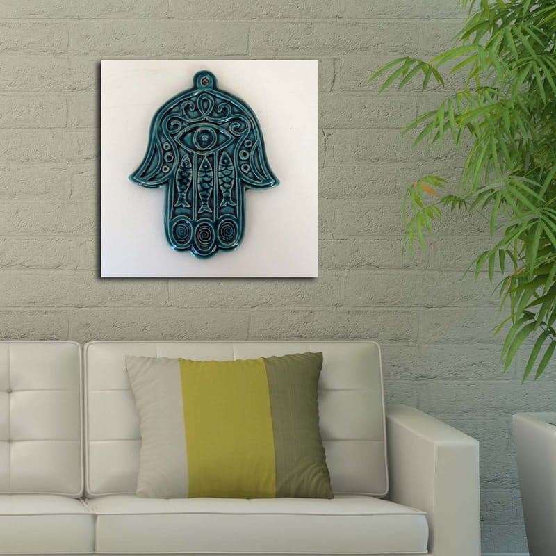 Lerretsbilde 45x45 cm - Symbolsk hånd med øye og intrikate mønstre - Turkis / Hvit - Innredning - Bilder & kunst - Lerretsbilder