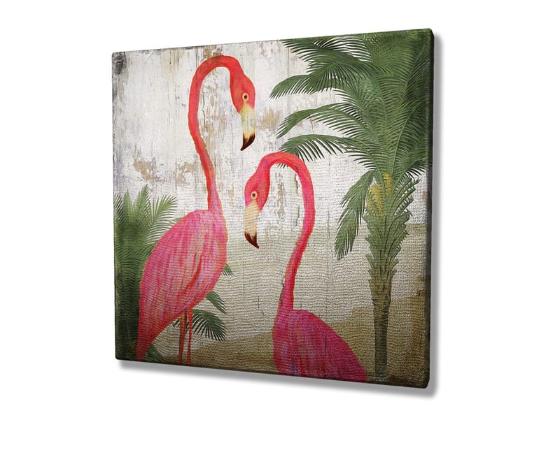 Lerretsbilde 45x45 cm - To elegante flamingoer omgitt av palmer - Rosa / Grønn / Beige - Innredning - Bilder & kunst - Lerretsbilder