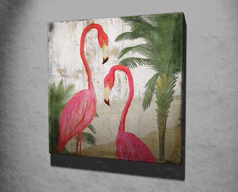 Lerretsbilde 45x45 cm - To elegante flamingoer omgitt av palmer - Rosa / Grønn / Beige - Innredning - Bilder & kunst - Lerretsbilder