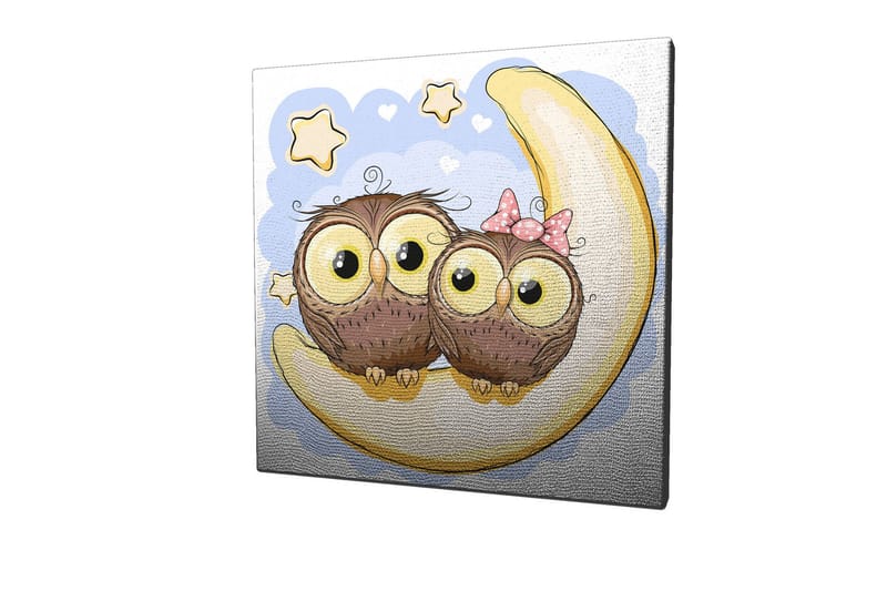 Lerretsbilde 45x45 cm - To søte ugler som sitter på en halvmåne med stjerner i bakgrunnen - Brun / Gul / Lys blå - Innredning - Bilder & kunst - Lerretsbilder