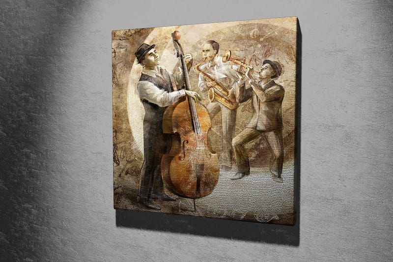 Lerretsbilde 45x45 cm - Tre musikere som spiller jazz med kontrabass, saksofon og trompet - Brun / Beige / Grå - Innredning - Bilder & kunst - Lerretsbilder