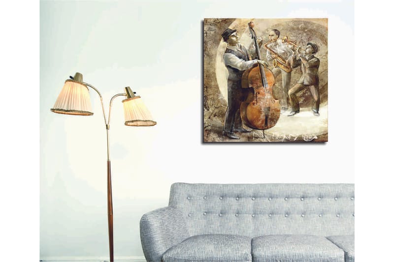 Lerretsbilde 45x45 cm - Tre musikere som spiller jazz med kontrabass, saksofon og trompet - Brun / Beige / Grå - Innredning - Bilder & kunst - Lerretsbilder