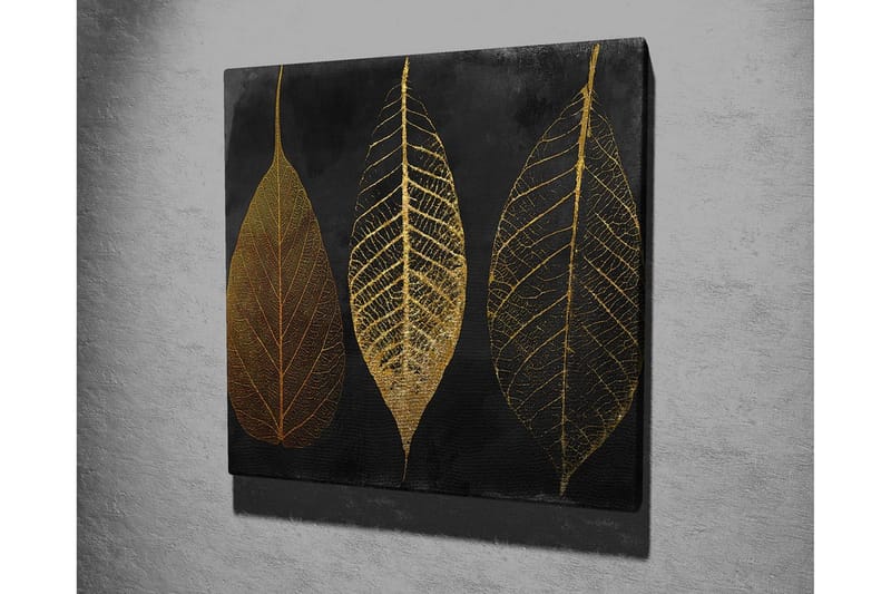 Lerretsbilde 45x45 cm - Tre stiliserte blader i gull mot svart bakgrunn - Gull / Svart - Innredning - Bilder & kunst - Lerretsbilder