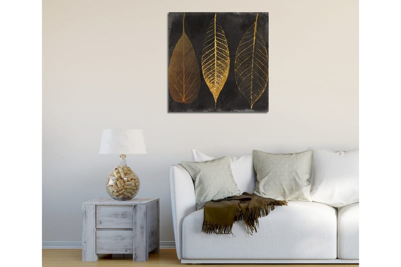 Lerretsbilde 45x45 cm - Tre stiliserte blader i gull mot svart bakgrunn - Gull / Svart - Innredning - Bilder & kunst - Lerretsbilder