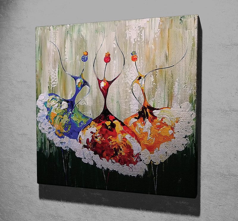 Lerretsbilde 45x45 cm - Tre stiliserte dansere i fargerike kjoler - Rød / Blå / Oransje - Innredning - Bilder & kunst - Lerretsbilder