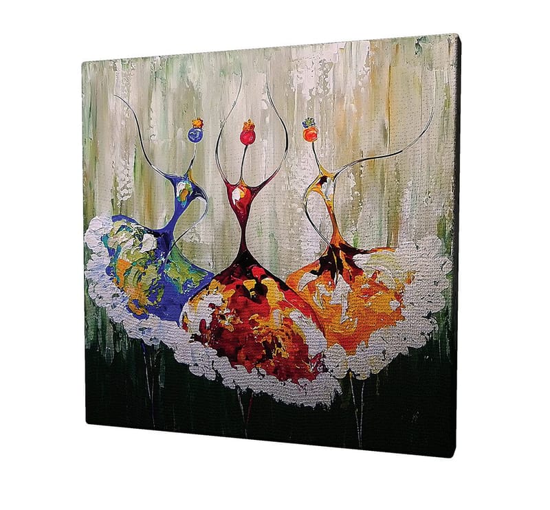 Lerretsbilde 45x45 cm - Tre stiliserte dansere i fargerike kjoler, Rød / Blå / Oransje
